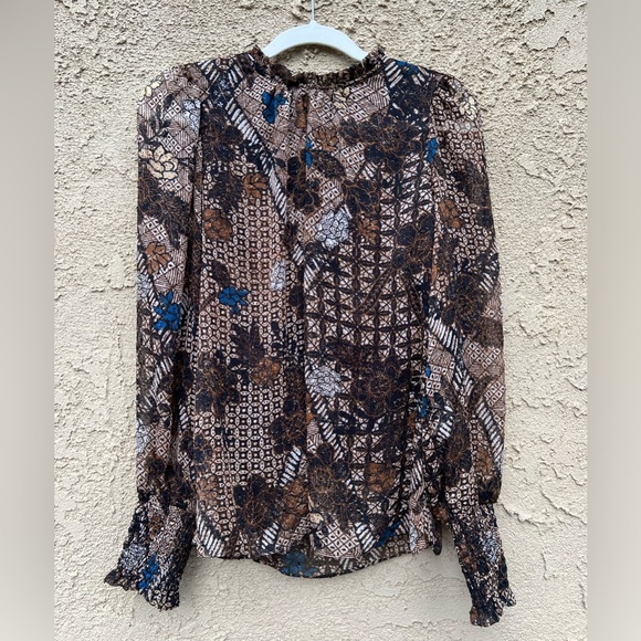 JOIE Long Sleeve Brown Floral and Metallic Blouse - Picture 4 of 13